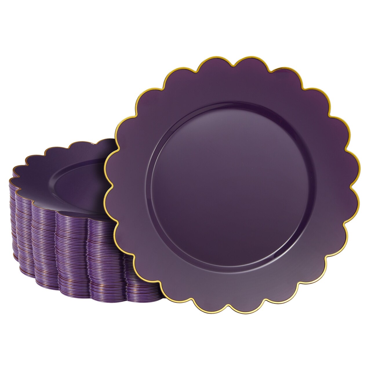 50 Pack Purple Plastic Plates for Party, 9 Inch Disposable, Party Supplies, Wedding, Gold Foil Scalloped Edges